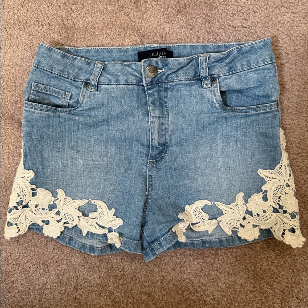 Blue and White Jean Shorts with Lace Detail